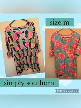 2 Lot Simply Southern Navy & Teal Floral Mini Dresses with Pink Accents Size M